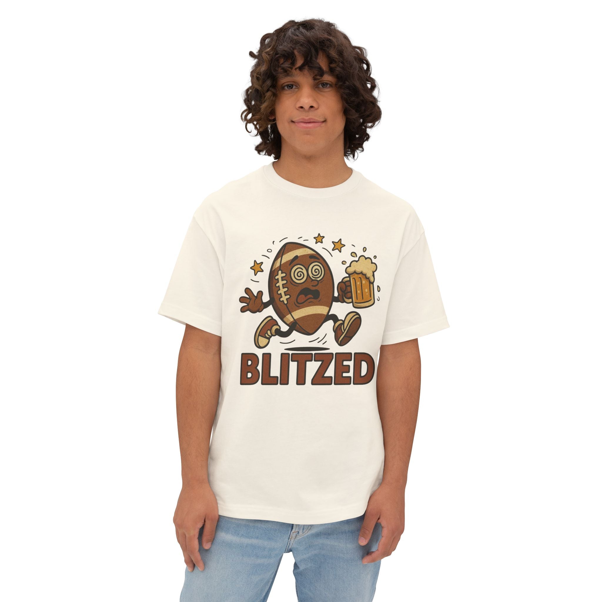Blitzed Graphic Oversized Boxy Tee – Funny Football Beer T-Shirt