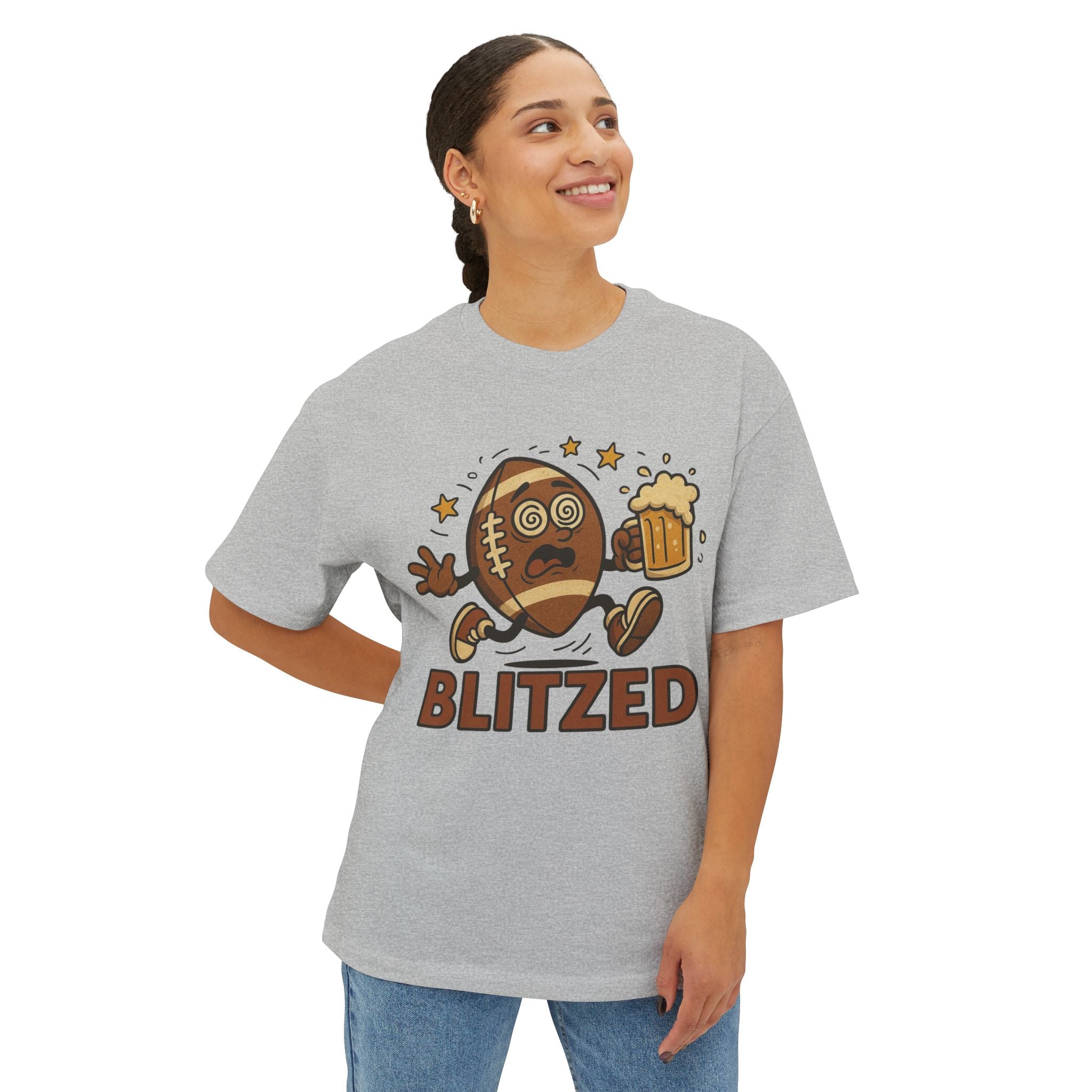 Blitzed Graphic Oversized Boxy Tee – Funny Football Beer T-Shirt