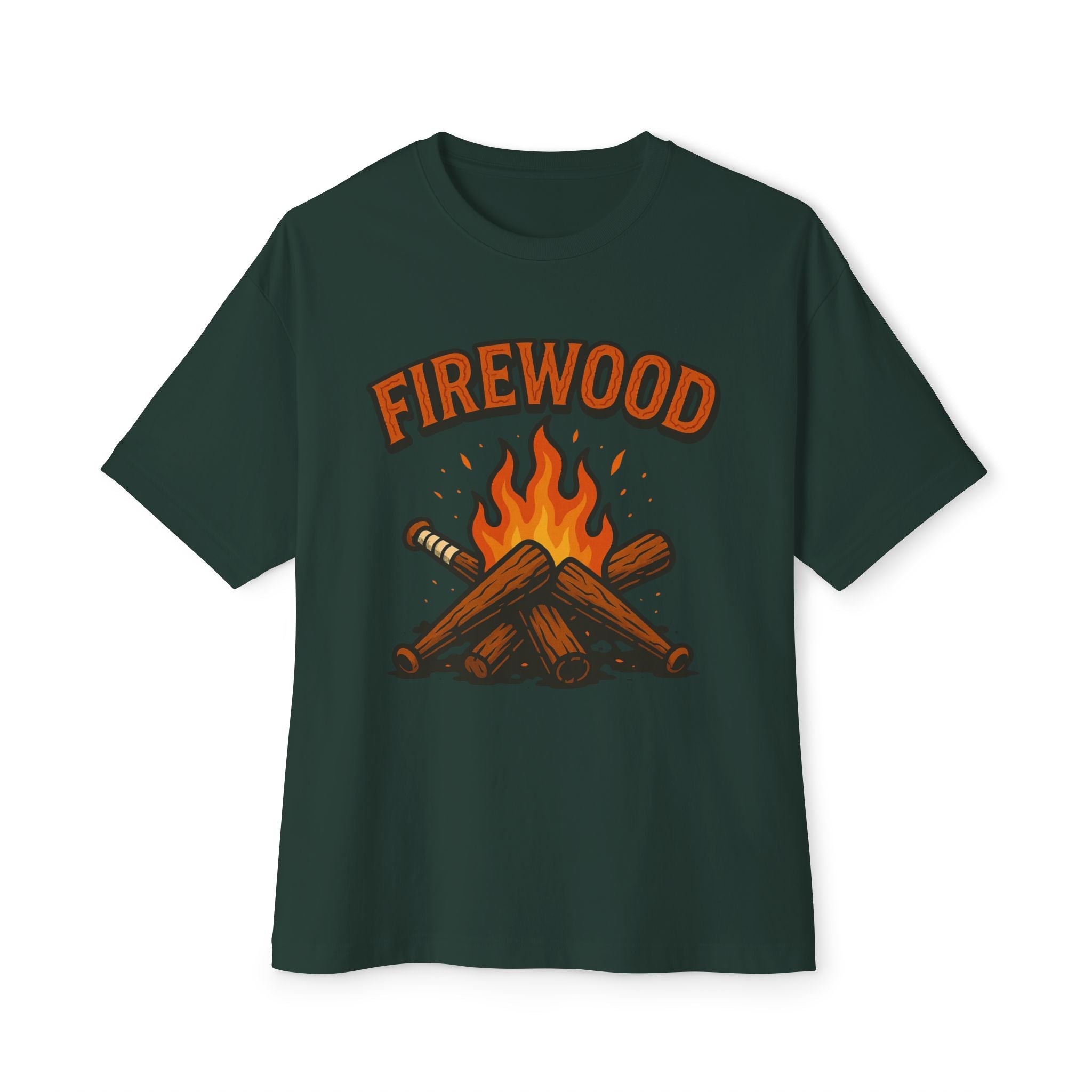 Firewood Baseball Oversized Boxy Tee – Retro Campfire Graphic Shirt