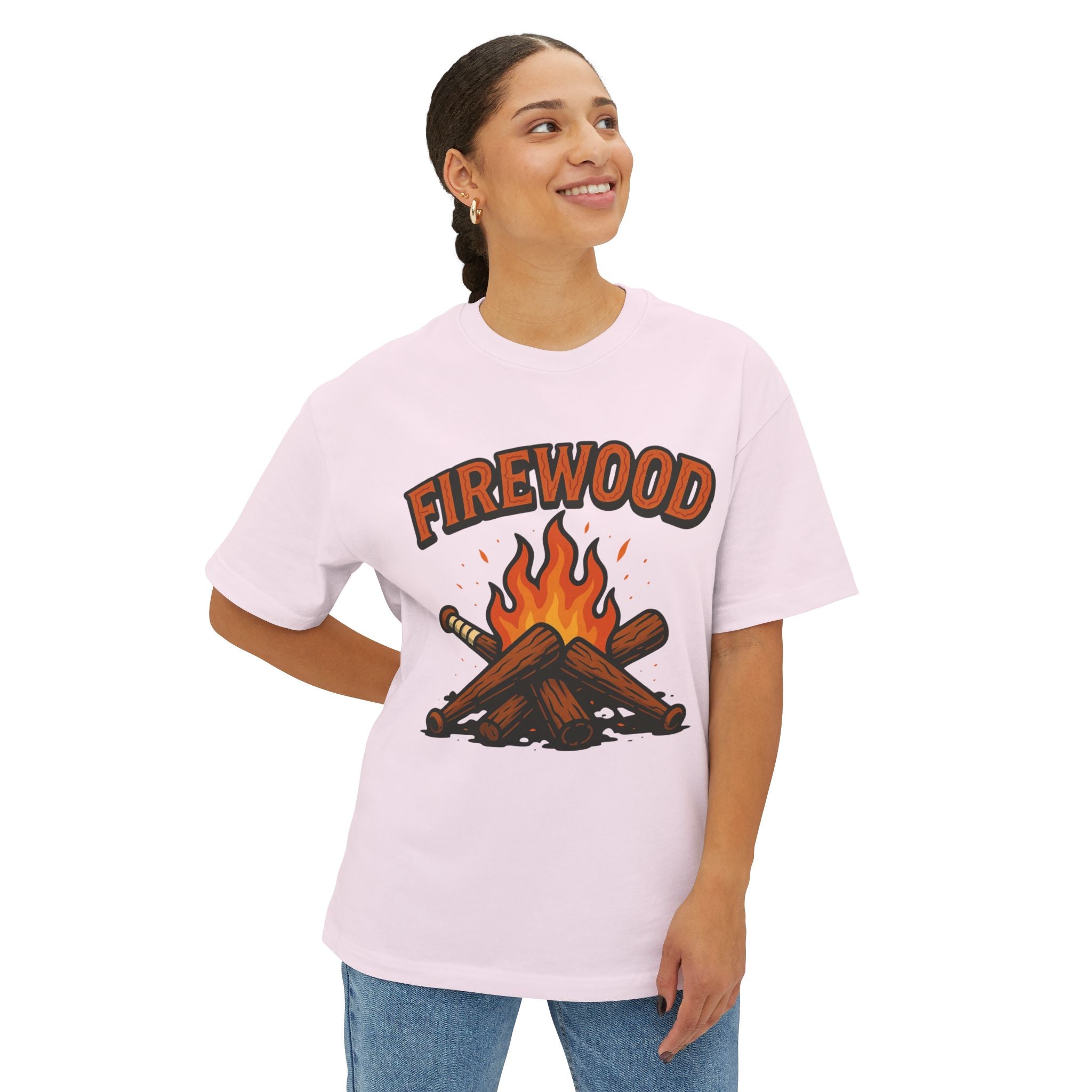 Firewood Baseball Oversized Boxy Tee – Retro Campfire Graphic Shirt