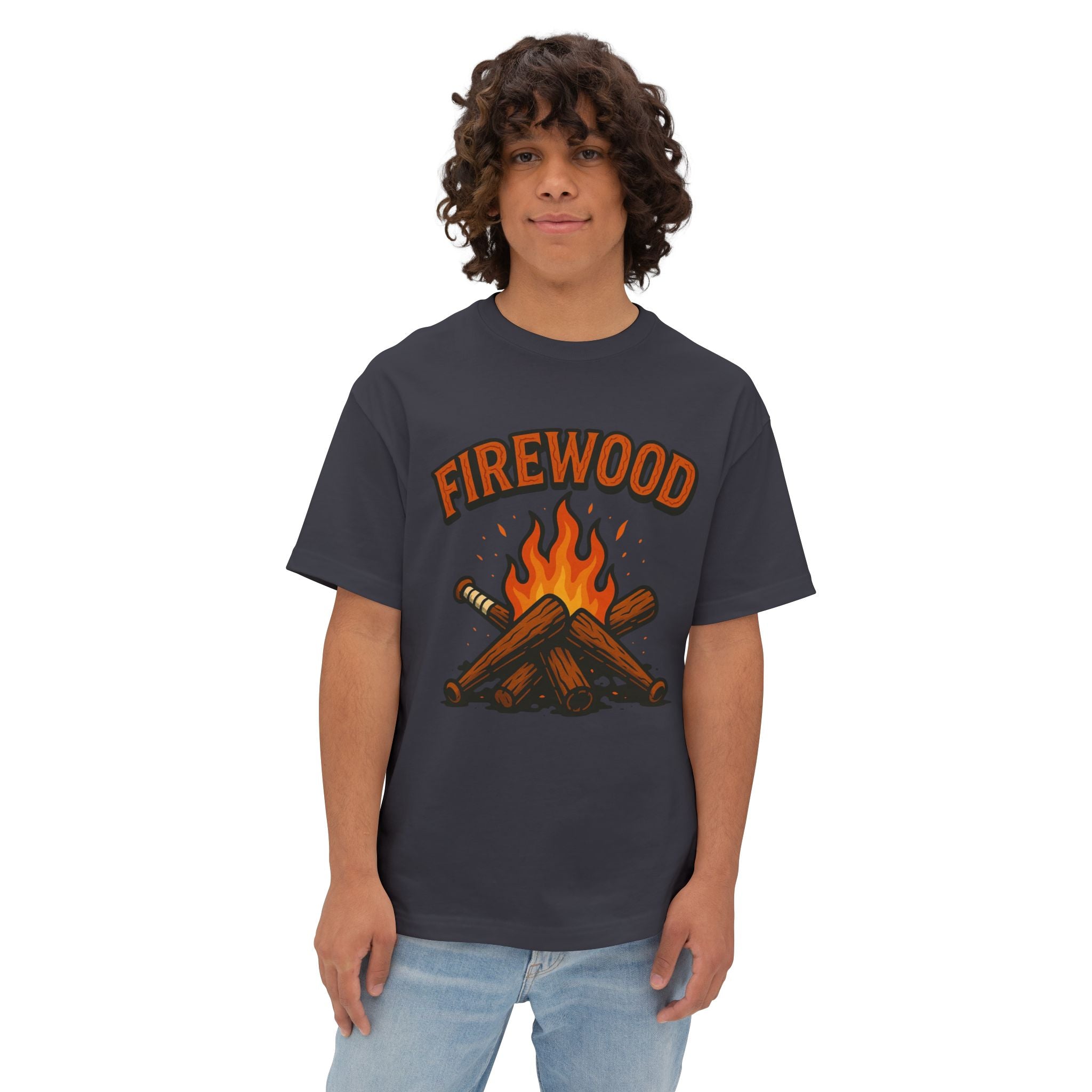 Firewood Baseball Oversized Boxy Tee – Retro Campfire Graphic Shirt