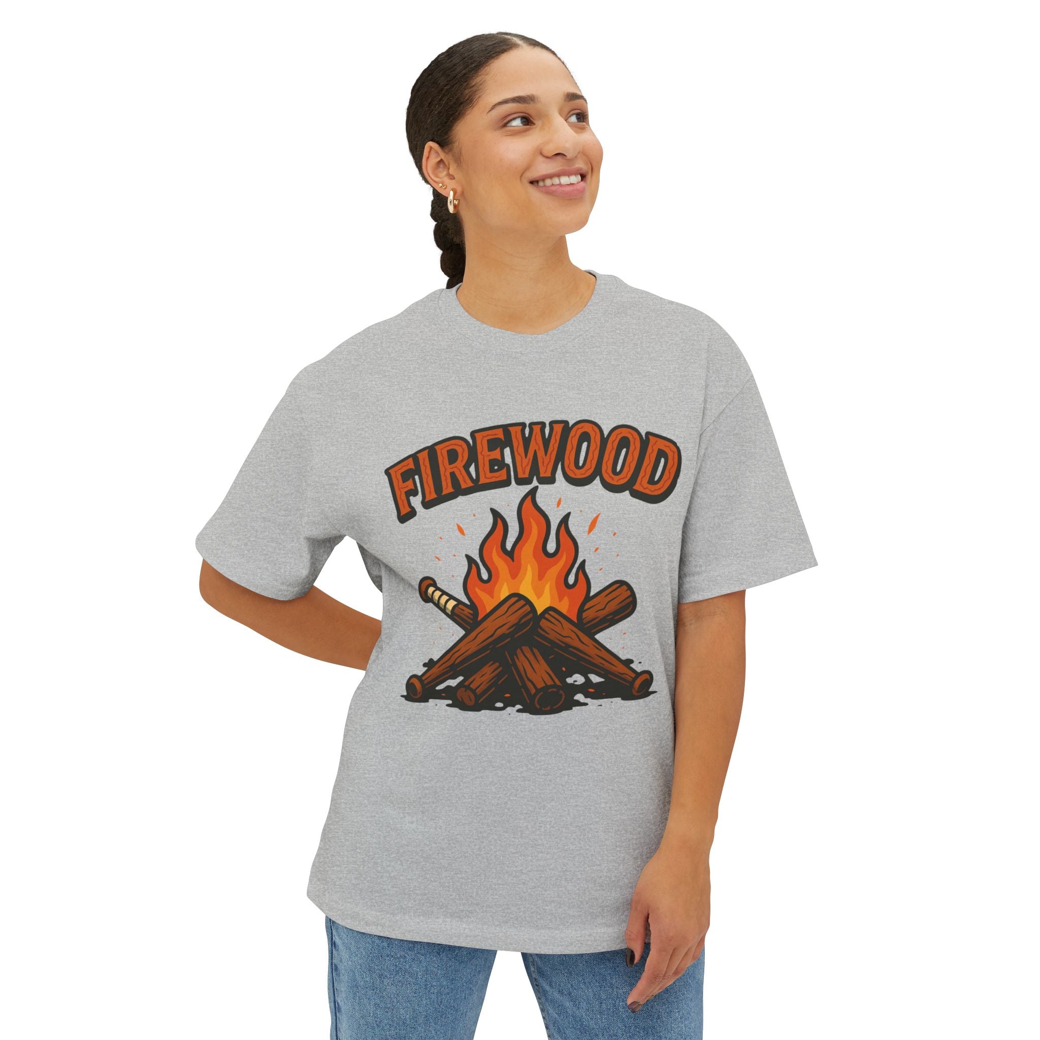 Firewood Baseball Oversized Boxy Tee – Retro Campfire Graphic Shirt