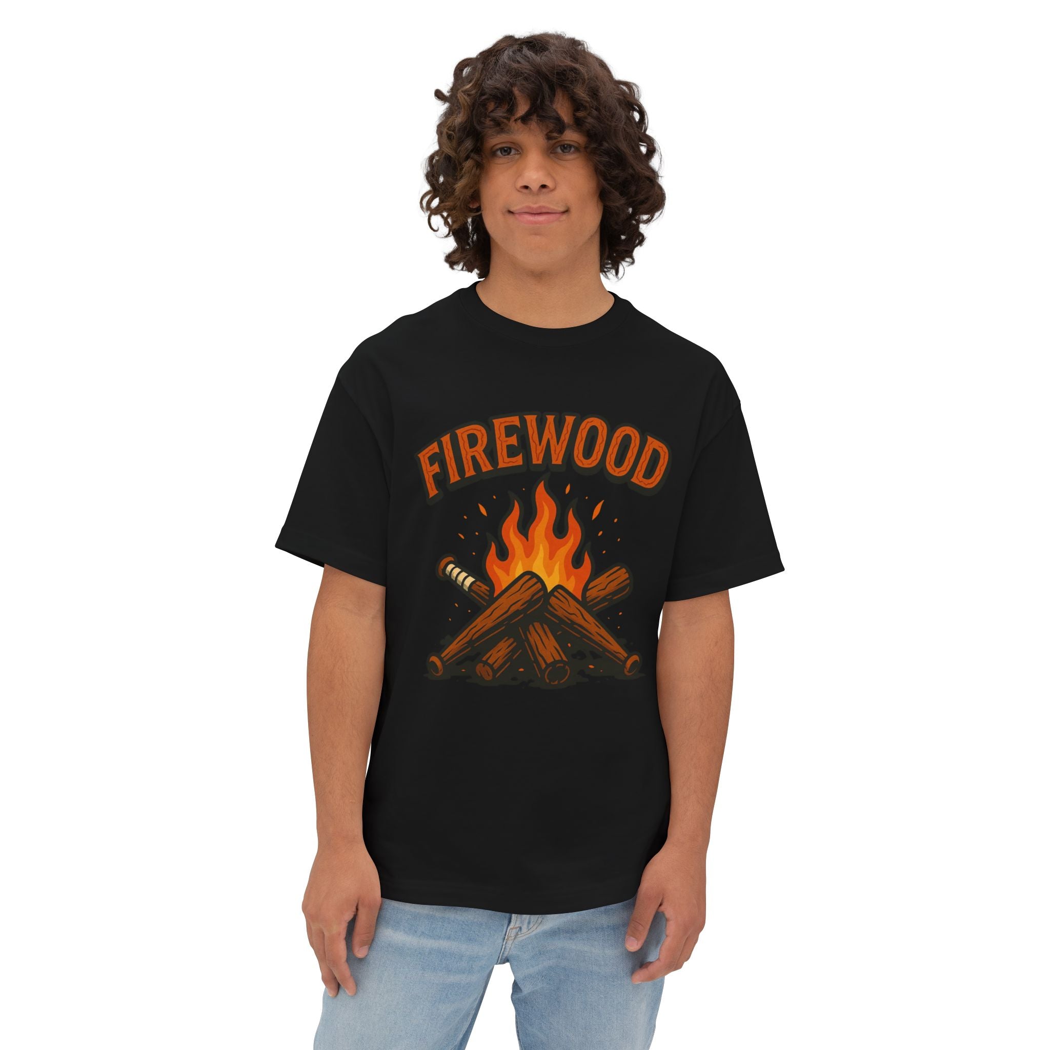 Firewood Baseball Oversized Boxy Tee – Retro Campfire Graphic Shirt