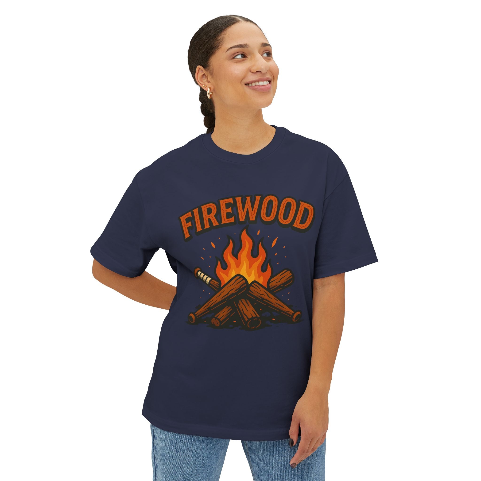 Firewood Baseball Oversized Boxy Tee – Retro Campfire Graphic Shirt