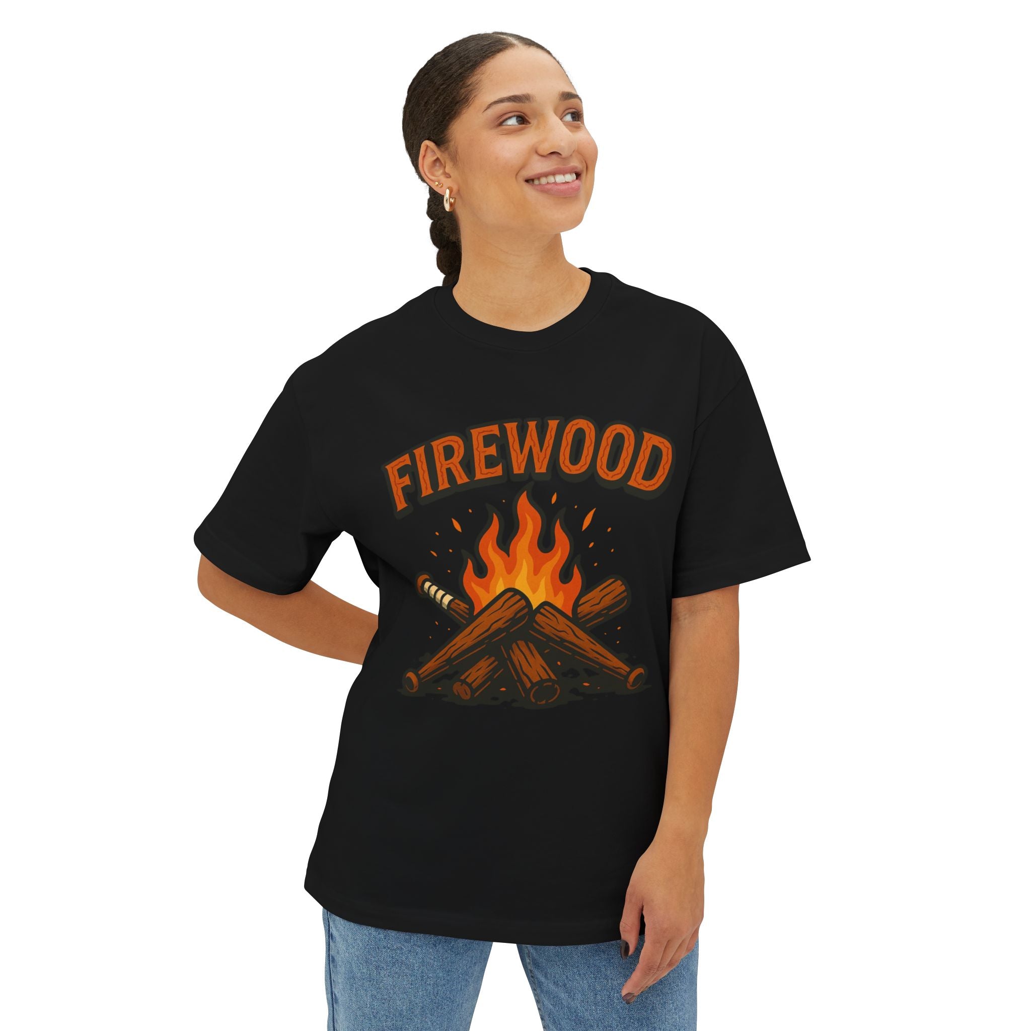 Firewood Baseball Oversized Boxy Tee – Retro Campfire Graphic Shirt