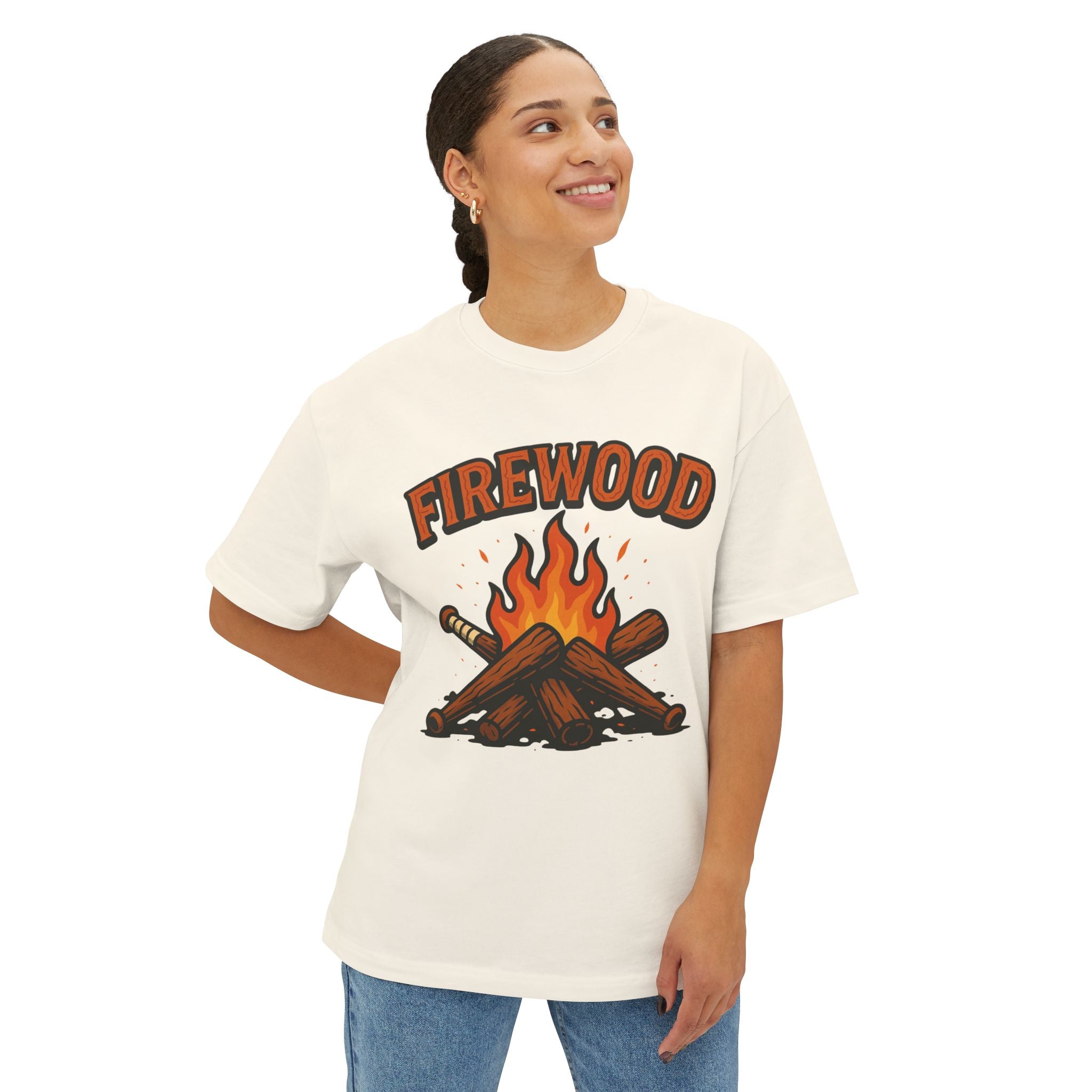 Firewood Baseball Oversized Boxy Tee – Retro Campfire Graphic Shirt