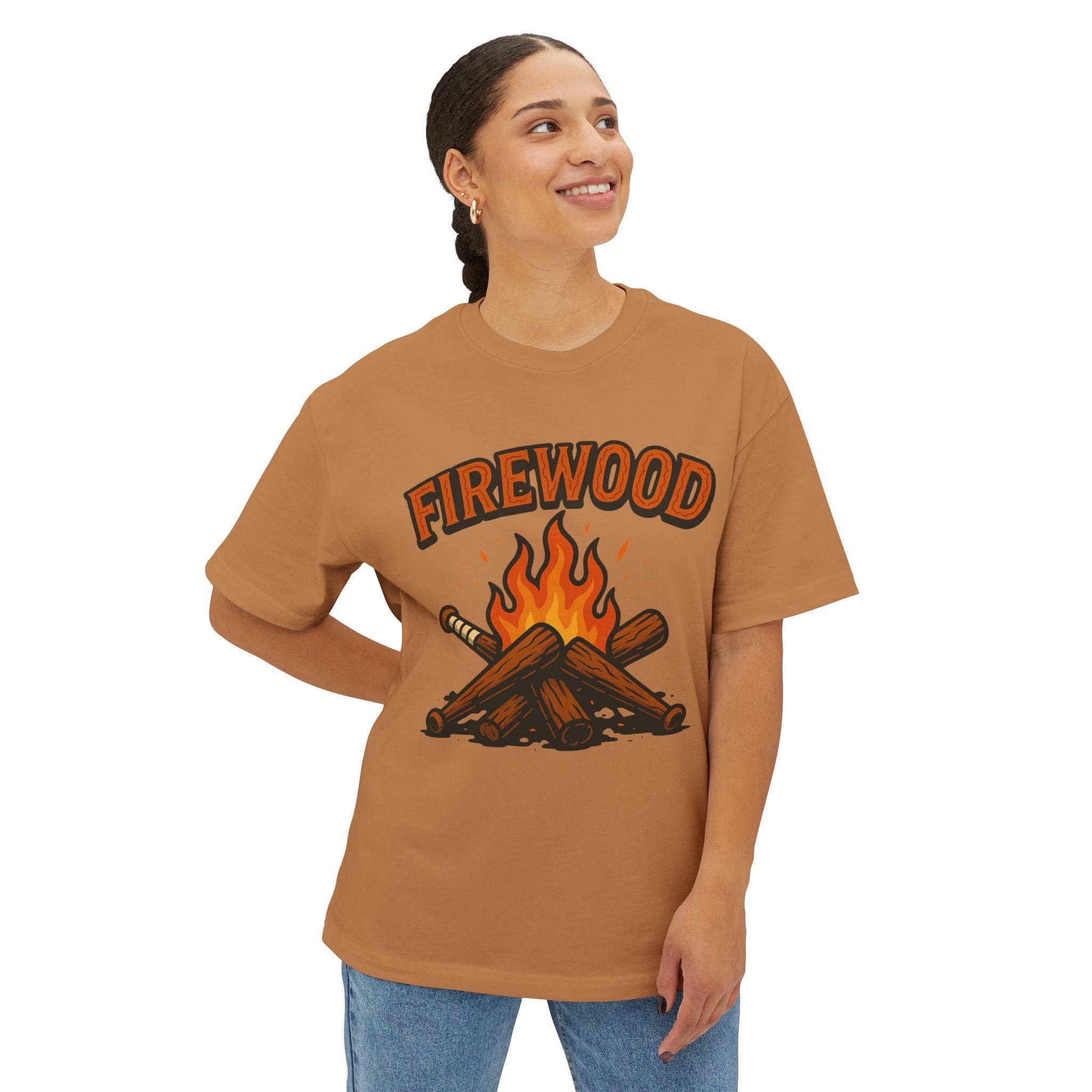 Firewood Baseball Oversized Boxy Tee – Retro Campfire Graphic Shirt