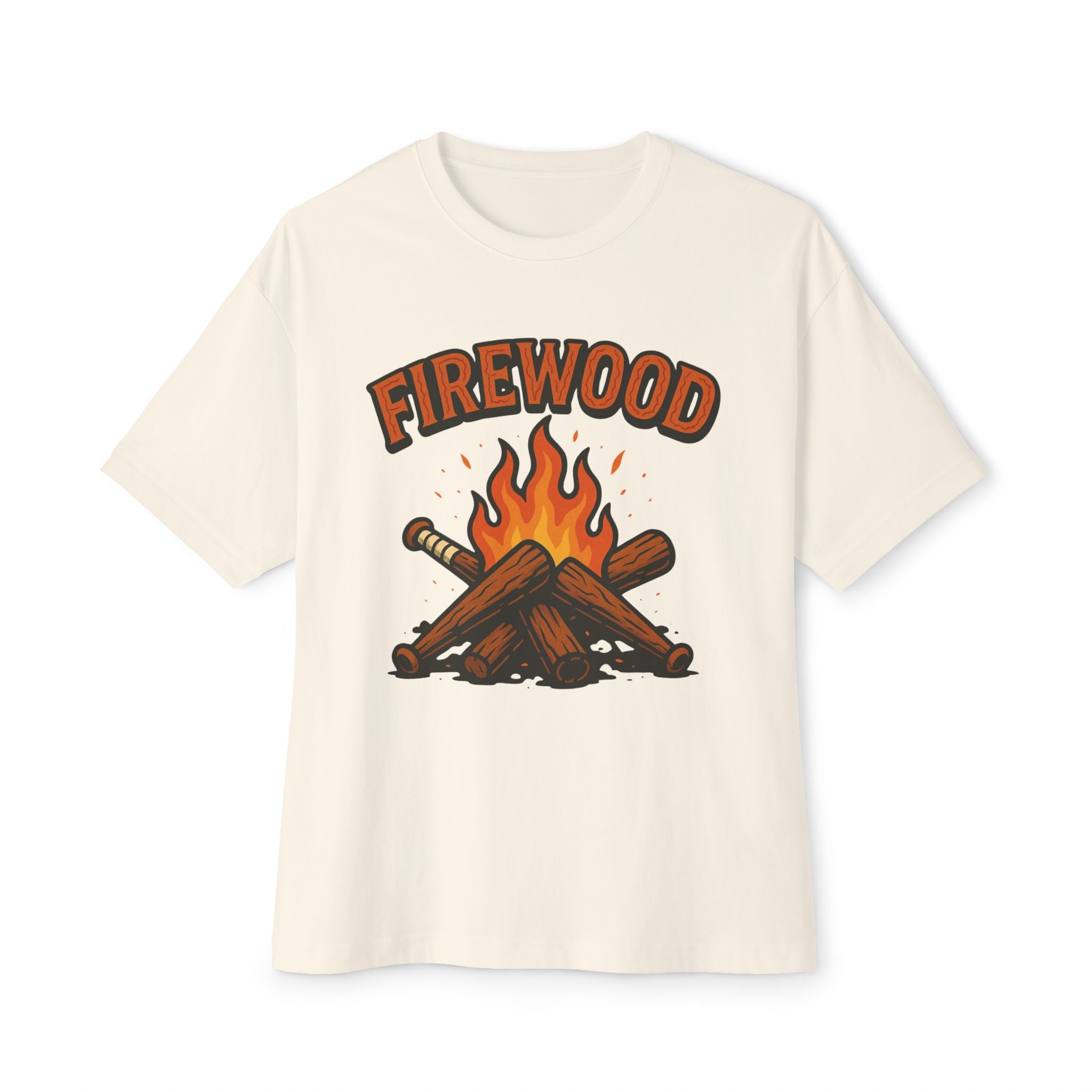 Firewood Baseball Oversized Boxy Tee – Retro Campfire Graphic Shirt