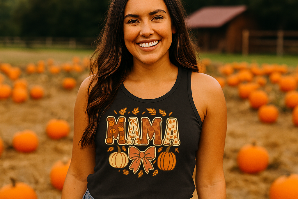 Mama Fall Tank Top Shirt | Bow & Pumpkin Patch T-shirt, Orange & Black Tank Top, Thanksgiving Outfit, Fall Seasonal Photo Outfit