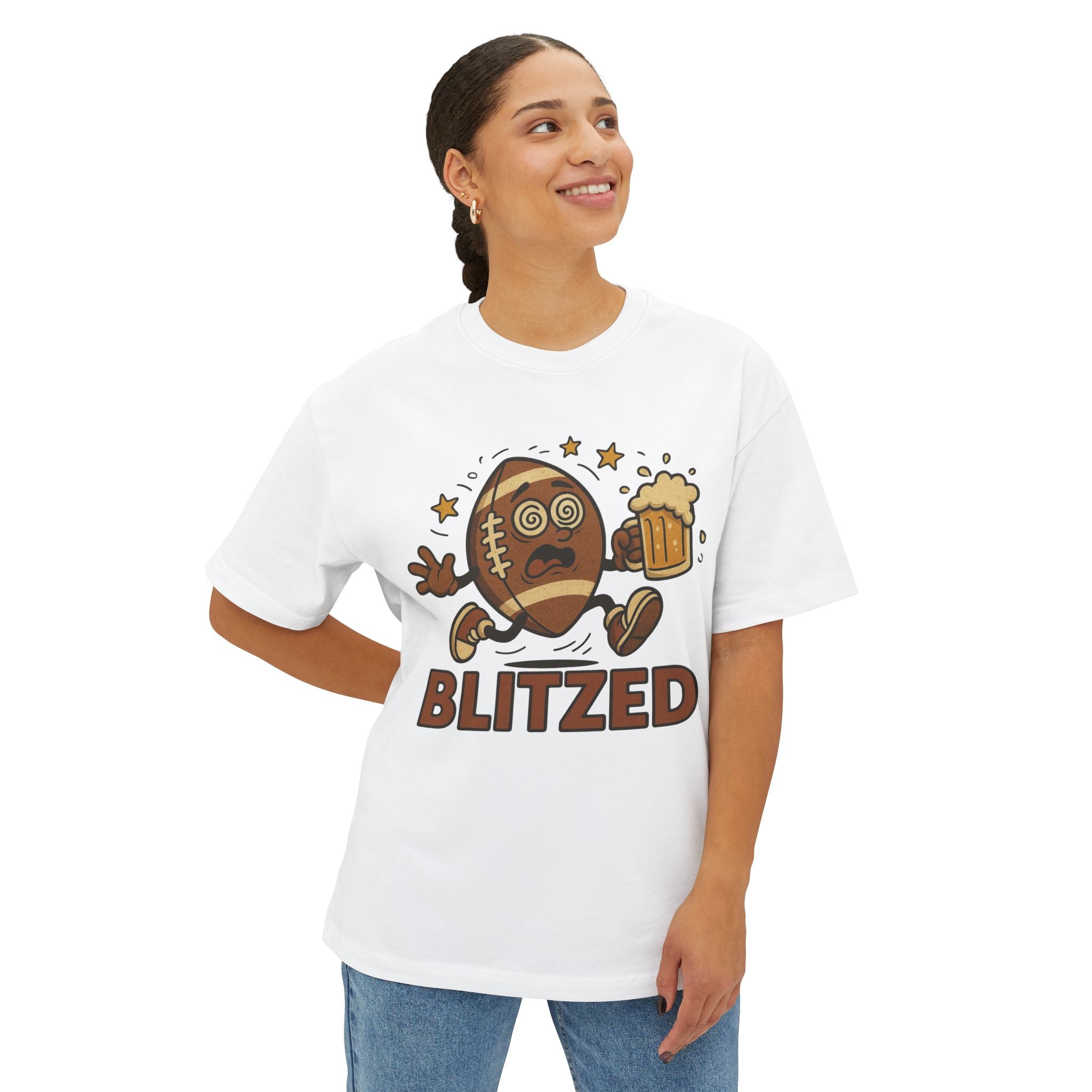 Blitzed Graphic Oversized Boxy Tee – Funny Football Beer T-Shirt