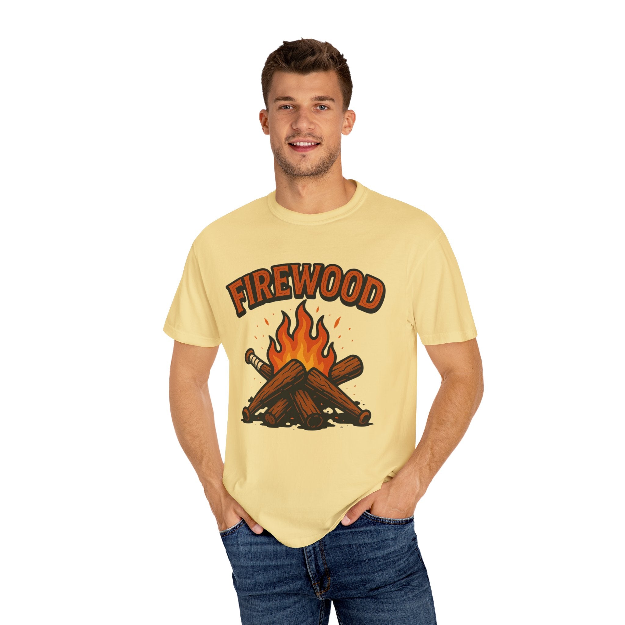 Firewood Baseball Tee – Retro Campfire Graphic Shirt