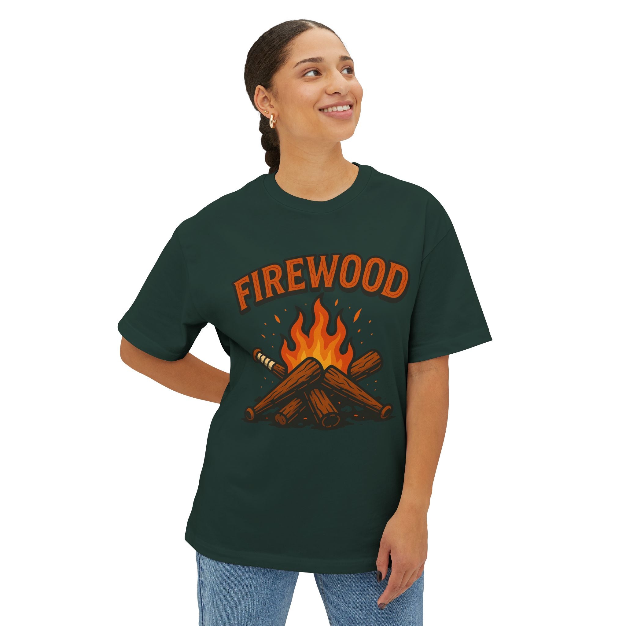 Firewood Baseball Oversized Boxy Tee – Retro Campfire Graphic Shirt