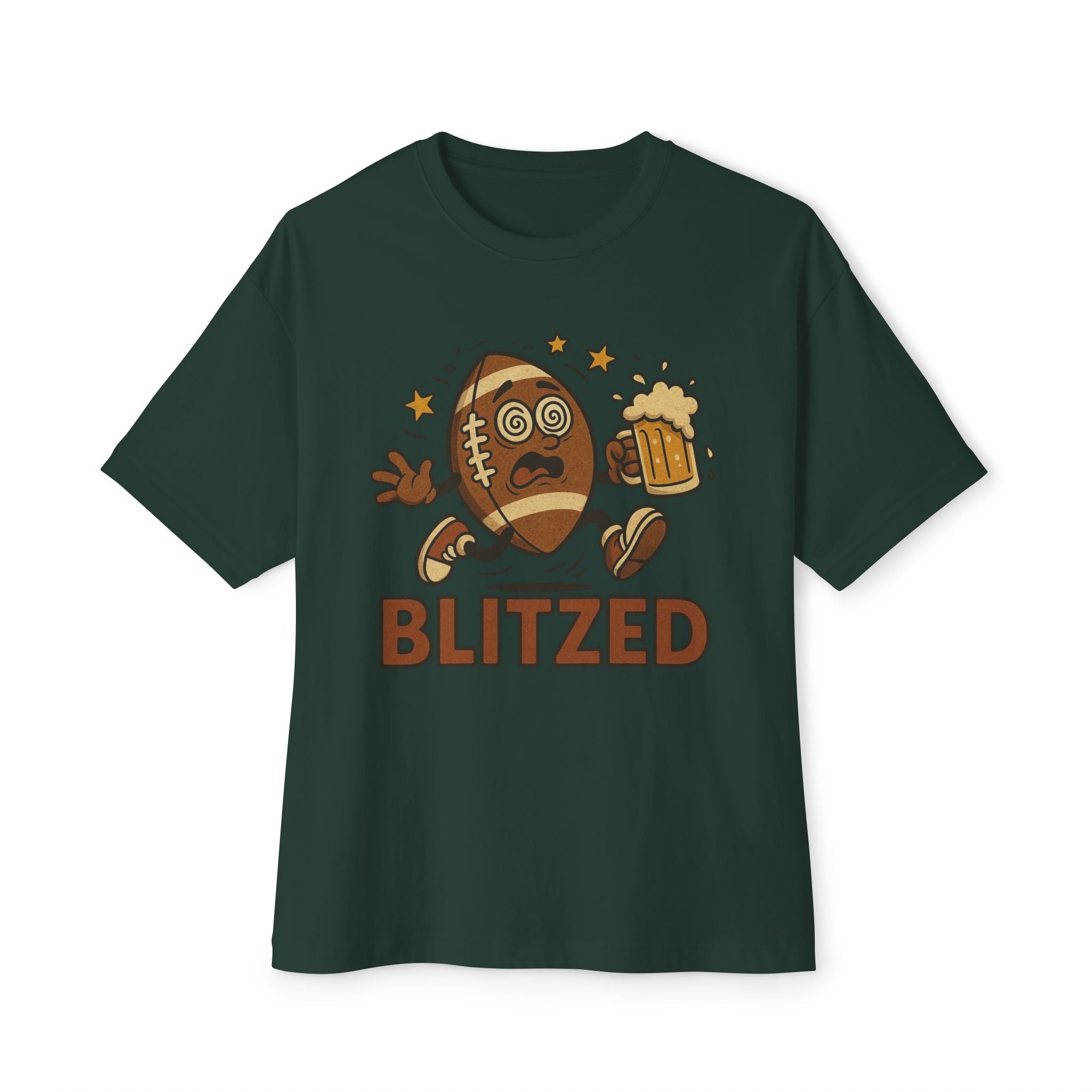 Blitzed Graphic Oversized Boxy Tee – Funny Football Beer T-Shirt