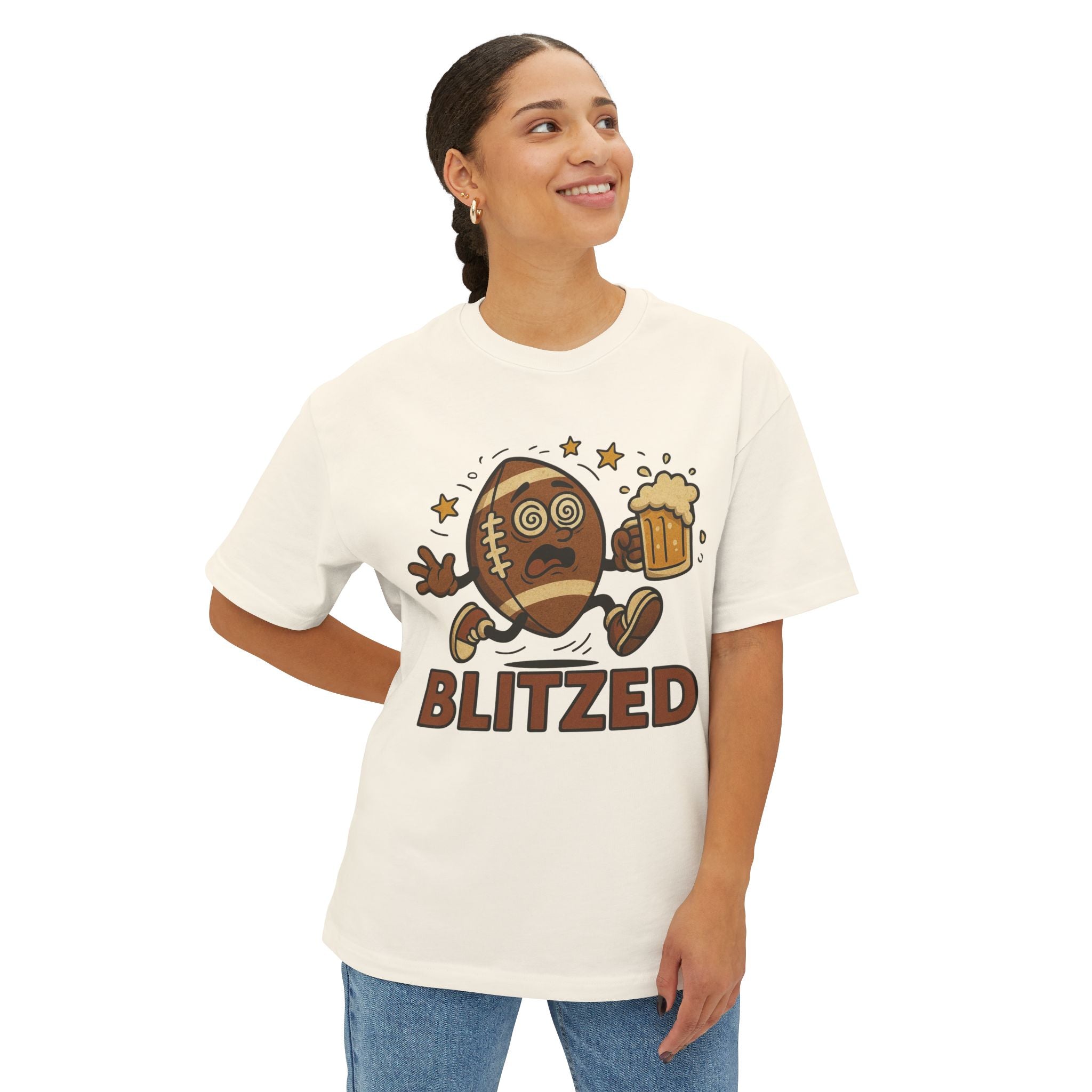 Blitzed Graphic Oversized Boxy Tee – Funny Football Beer T-Shirt