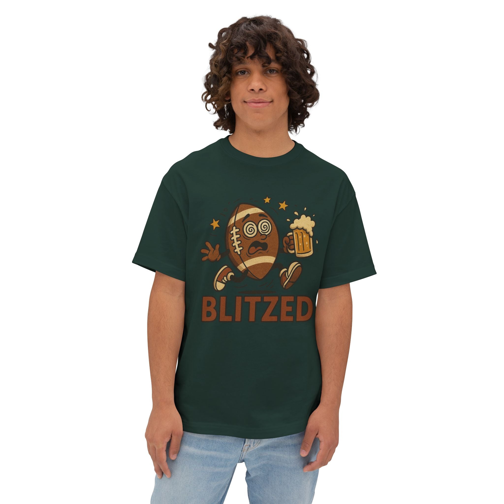 Blitzed Graphic Oversized Boxy Tee – Funny Football Beer T-Shirt