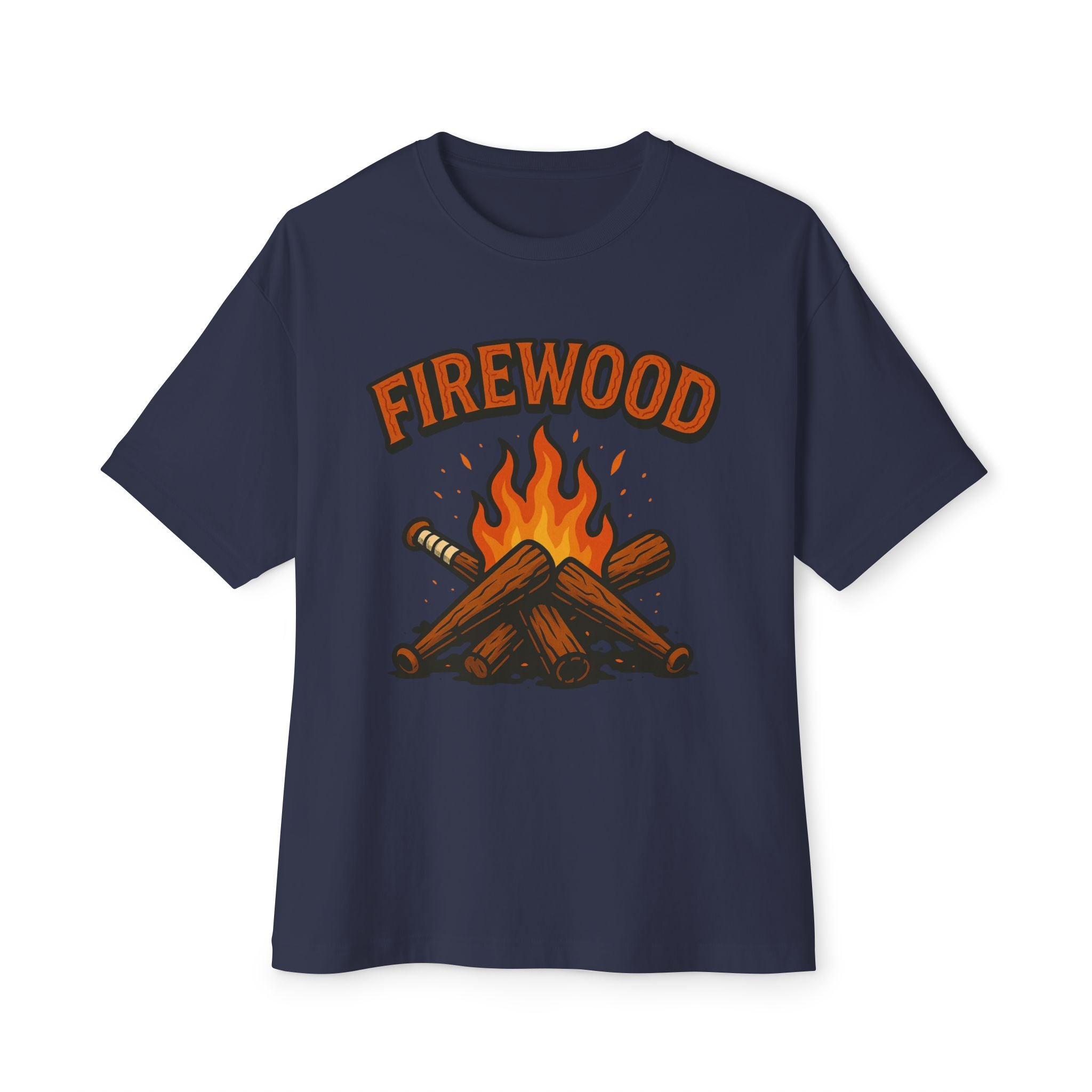 Firewood Baseball Oversized Boxy Tee – Retro Campfire Graphic Shirt
