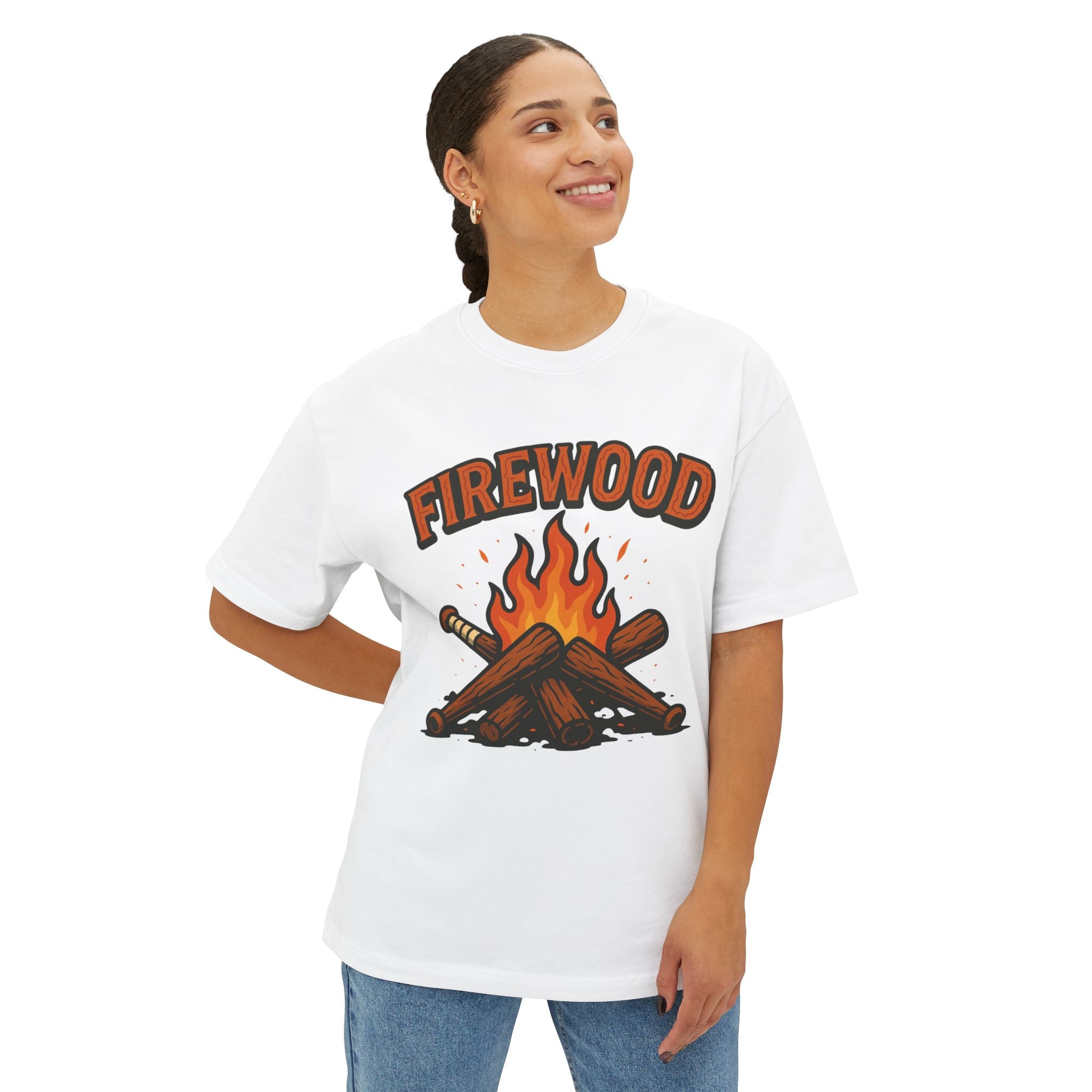 Firewood Baseball Oversized Boxy Tee – Retro Campfire Graphic Shirt