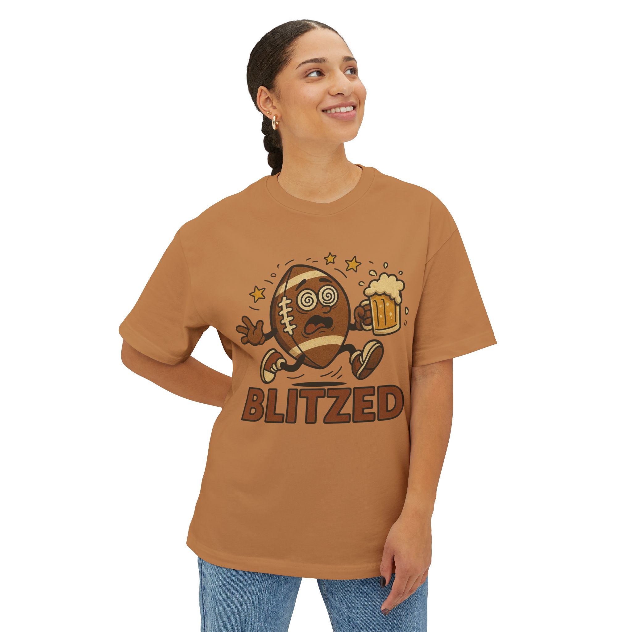 Blitzed Graphic Oversized Boxy Tee – Funny Football Beer T-Shirt