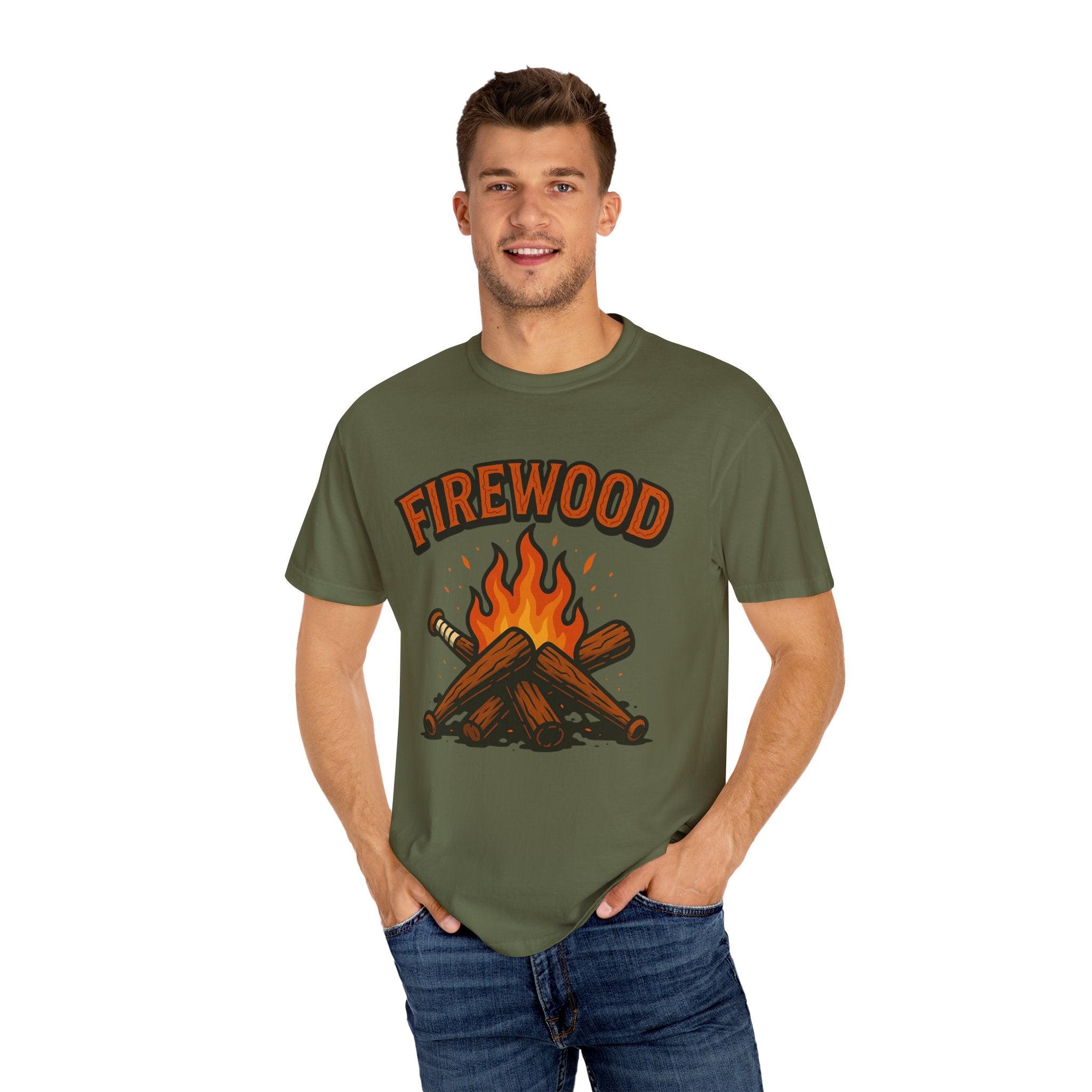Firewood Baseball Tee – Retro Campfire Graphic Shirt