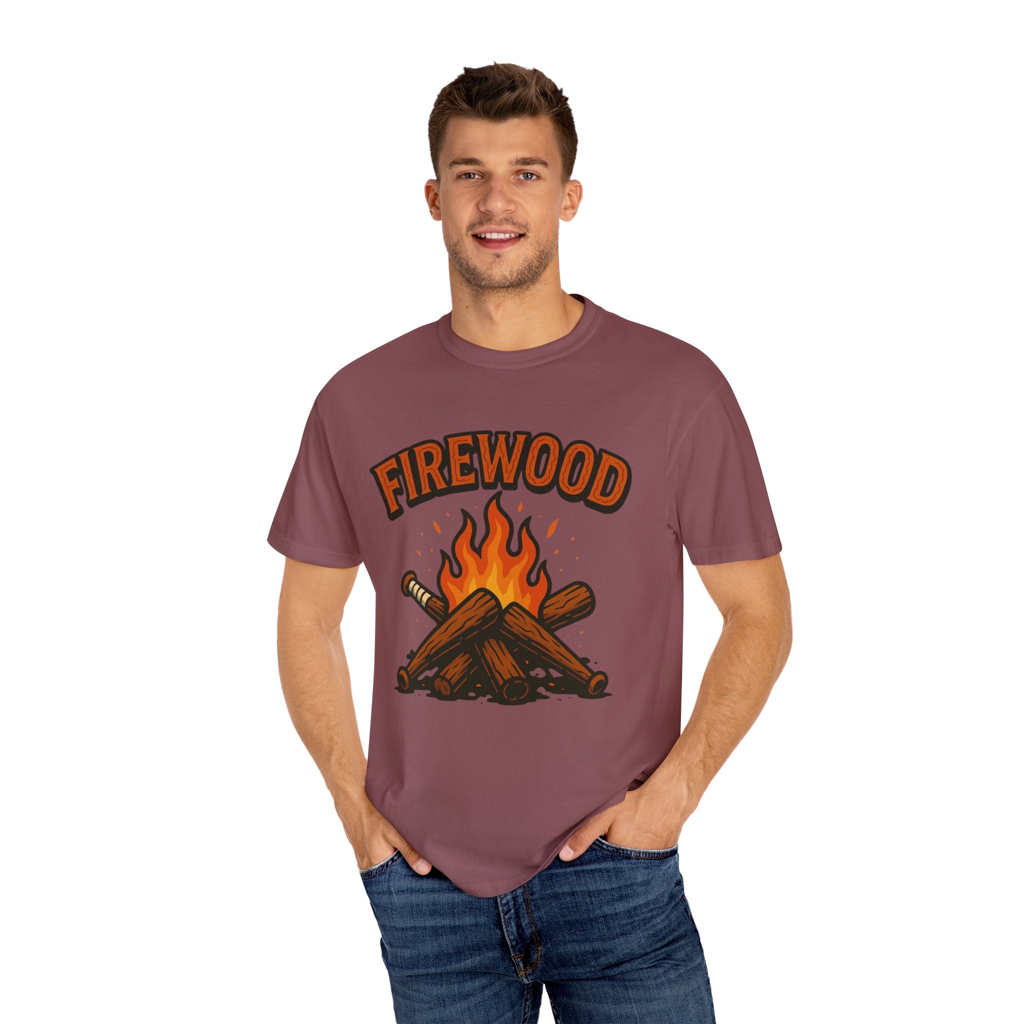 Firewood Baseball Tee – Retro Campfire Graphic Shirt