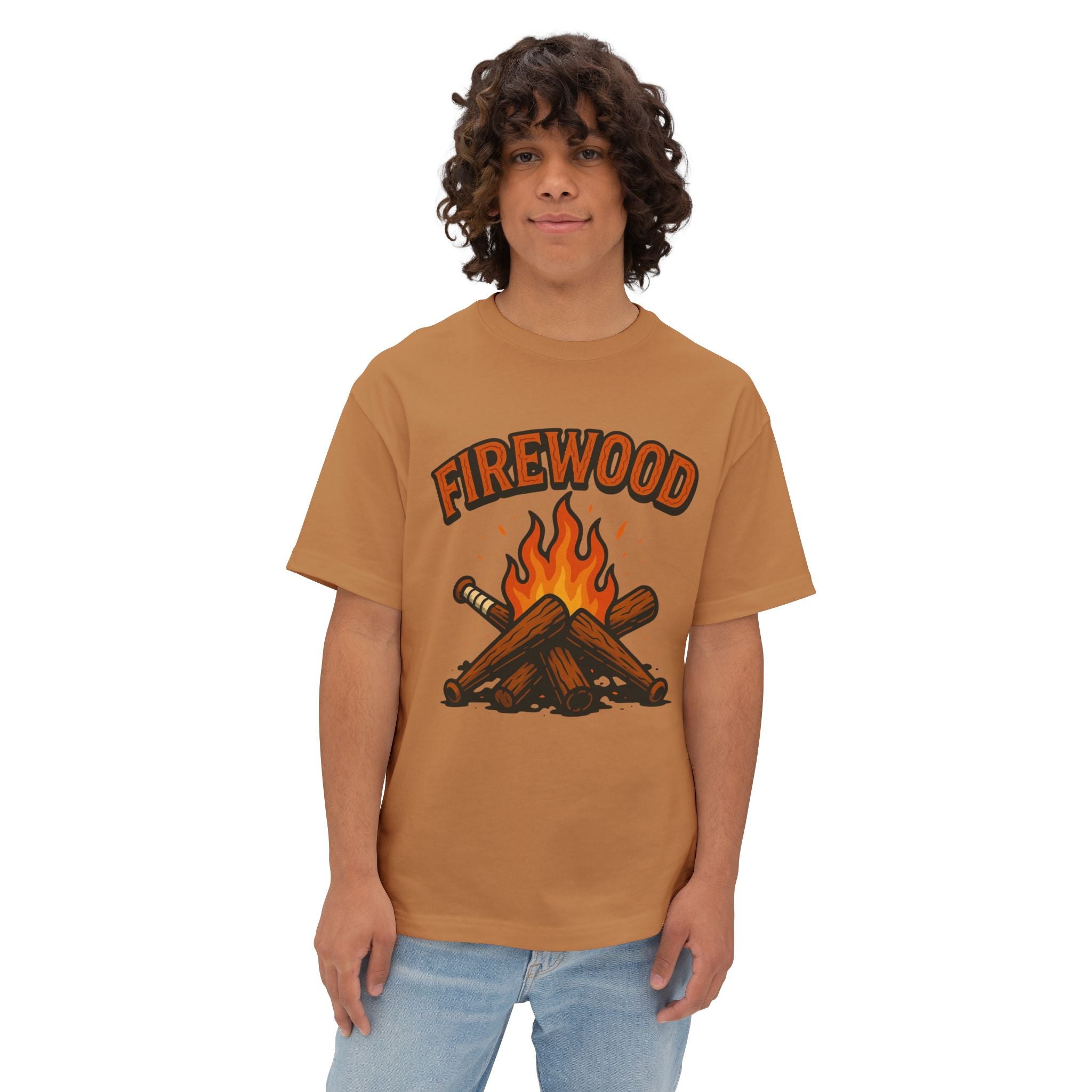 Firewood Baseball Oversized Boxy Tee – Retro Campfire Graphic Shirt