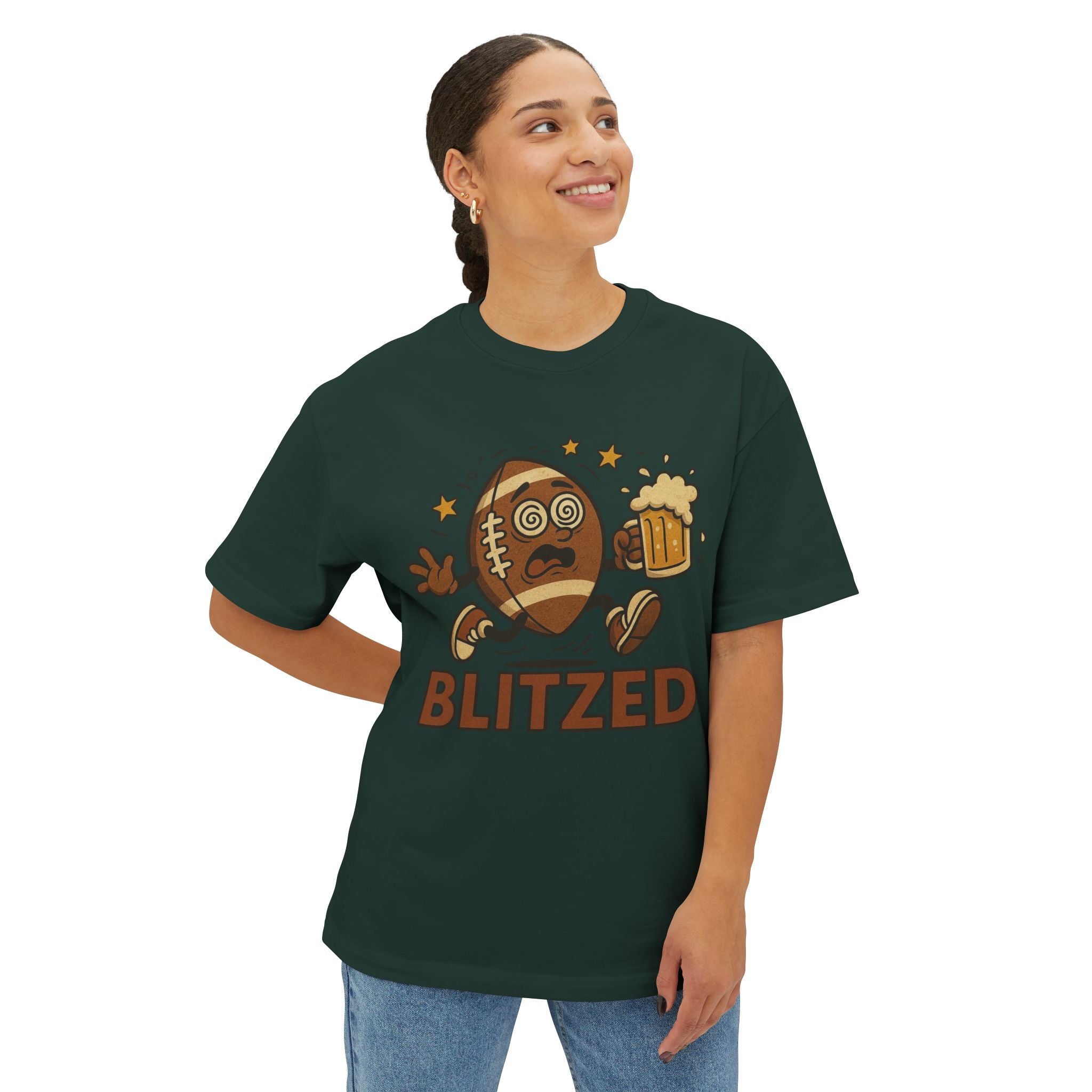 Blitzed Graphic Oversized Boxy Tee – Funny Football Beer T-Shirt