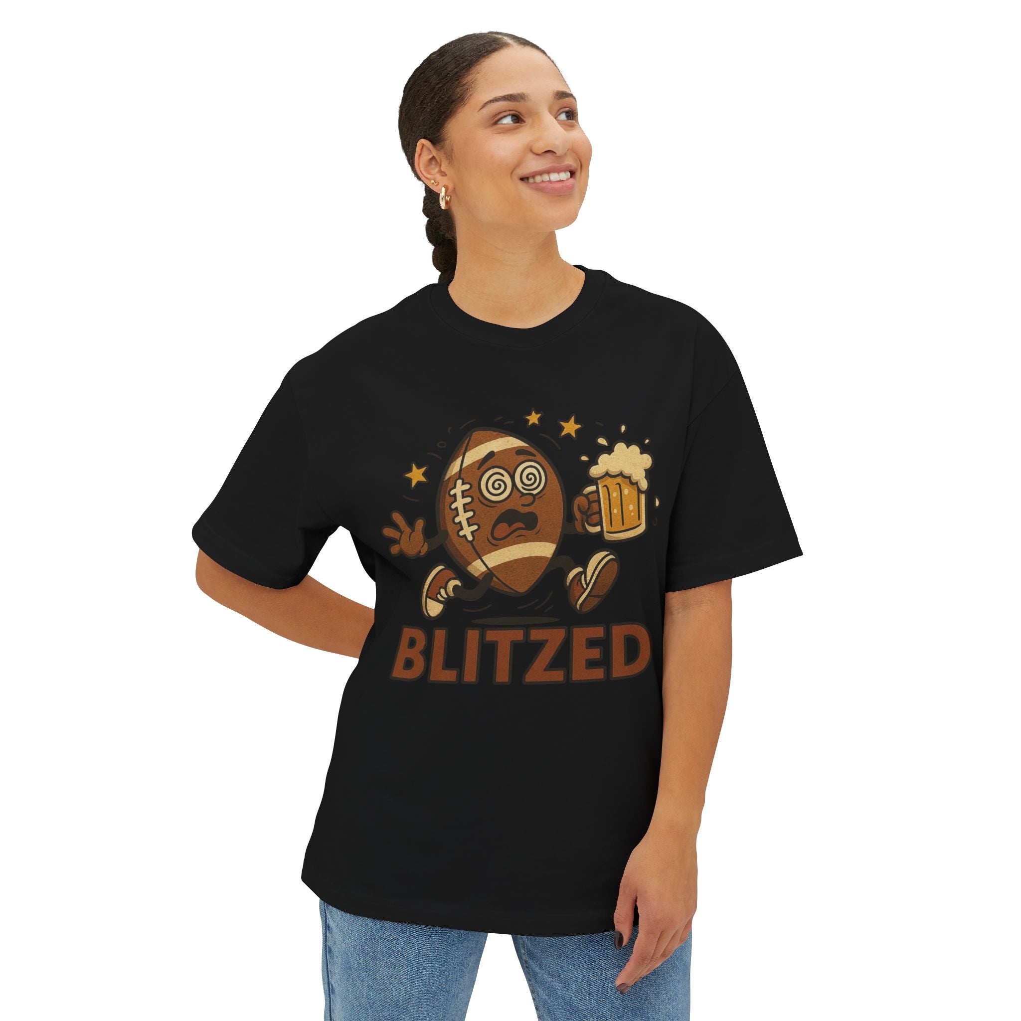 Blitzed Graphic Oversized Boxy Tee – Funny Football Beer T-Shirt